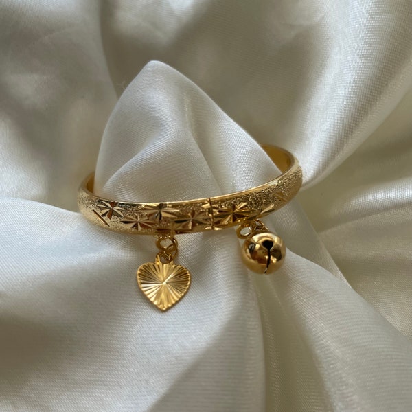 Gold Bangle for Babies, Toddler Ethnic Bangle, Cambodian Jewelry 18k Gold Plated Bracelet, Kada Bangles, Cambodian Bracelet with Bells