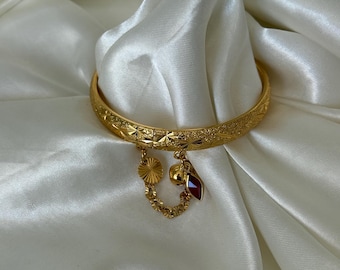 Cambodian Jewelry 24k Gold Plated Bracelet, Gift For Her, Anniversary Gift, Birthstone Bangles, Cambodian Bell Bracelet, Stackable Bangle