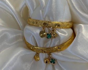 Cambodian Jewelry 24k Gold Plated Bracelet, Gift For Her, Anniversary Gift, Clover Charm Bangles, Cambodian Bell Bracelet, Stackable Bangle