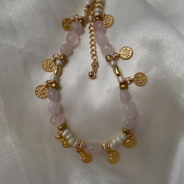Anklets for women,Rose Quartz Anklet, Boho Jewelry, Festival Jewelry, Cambodian Jewelry, Festive Christmas Gift for Women, Goddess Jewelry,
