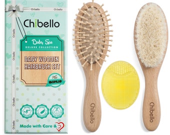 Baby Hair Brush and Comb Set - Natural Wood Goat Bristles for Cradle Cap Treatment for Newborns. Great Baby Shower and Registry Gift.