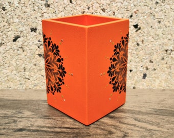 Orange, Navy and Gold Mandala Wooden Poplar Pencil Pot with Swarovski Crystals