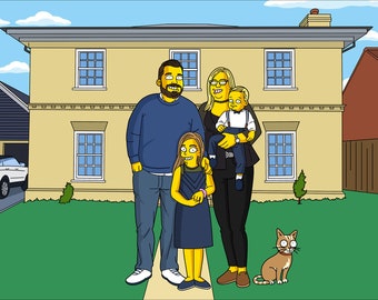 My Sweet Home Custom Background, Custom Simpsons Family Portrait from Photo, Yellow Cartoon Caricature Drawing Personalized