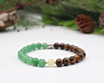Bracciale Abondanza e Prosperità, pietre naturali certificate in 8 mm, occhio di tigre sudafricano/citrino brasiliano, perla AZ in acciaio inossidabile, bracciale estensibile, fatto a mano, 18 cm