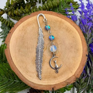 Choose Your Own Frosted Moonstone Metal Feather Crystal Bookmark with Charm, Crystal Gift for Book Lovers