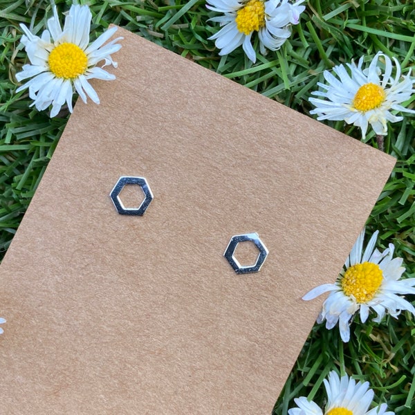 Small hexagon sterling silver ear studs