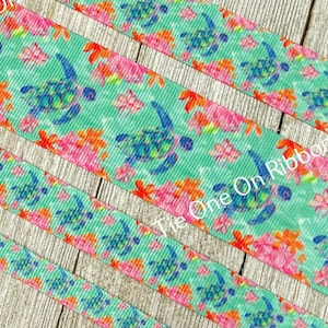 Blue Sea Turtles On Aqua & Pink Flora  Printed Grosgrain Ribbon - 3/8&quot;- 5/8&quot; - 7/8&quot;-1.5&quot; - Sew - Craft - Gift Wrap - Bow - Collar - Tag -