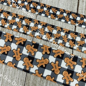Gingerbread Cookies on Black Plaid Printed Grosgrain Ribbon - 5/8&quot; - 7/8&quot; - 1.5&quot; - Sew - Craft - Decor - Christmas Cookie - Baking - Wrap