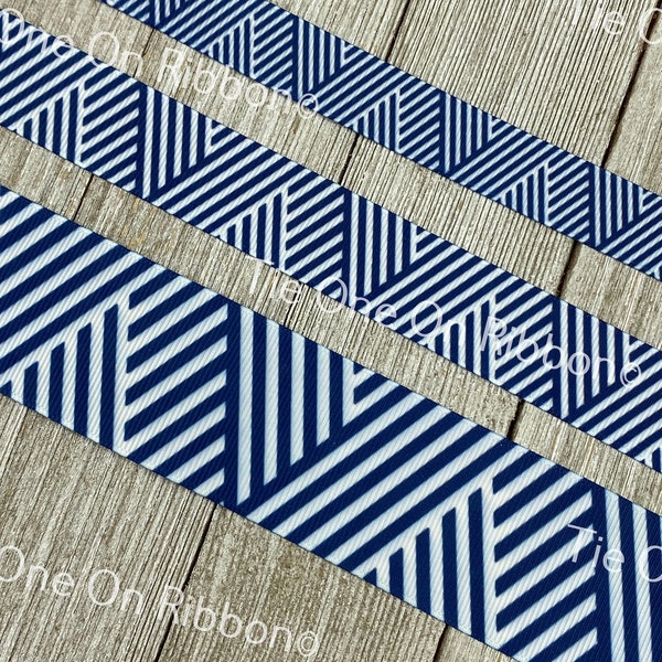 Geometric Navy And White Diagonal Stripe Printed Grosgrain Ribbon -  5/8" - 7/8" - 1.5" - Sew - Craft - Decor - Bow - Gender Reveal - Collar