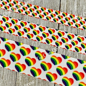 Corazones de rayas de arcoíris de colores impresos en cinta de grogrén blanca - 5/8&#39; - 7/8&quot; - 1,5&quot; - Para coser, hacer manualidades, decorar, envolver regalos y lazos para el cabello