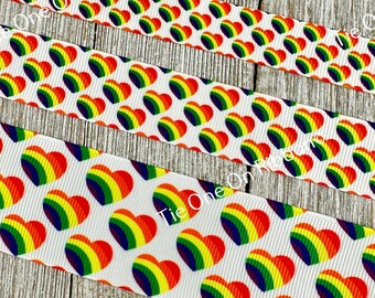 Ruban gros-grain blanc à rayures arc-en-ciel avec cœurs imprimés - 1,6 cm - 2,2 cm - 3,8 cm - Couture - Loisirs créatifs - Décoration - Emballage cadeau - Nœud pour cheveux