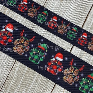 Festive Holiday Dog Paw Prints Lit Up On Black Background Printed Grosgrain Ribbon 7/8 1.5 Sew Craft Decor Collar Leash image 1