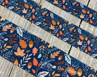 Acorns And Fall Foliage on Navy Blue Printed Grosgrain Ribbon -  5/8" - 7/8" - 1.5"  - Sew - Craft - Bows - Printed Ribbon - Wreath - Wrap