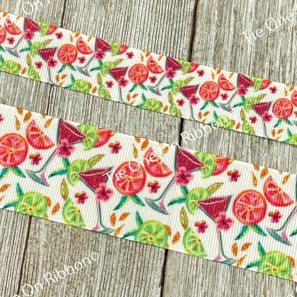 SALE! 5 Yards Tropical Fruit Cocktail Cosmo Printed Grosgrain Ribbon - 7/8" - 1.5" - Sew - Craft - Bow - Lanyard - Collar - Bridal Shower
