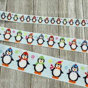 Cute Winter Penguins With Hat and Scarf Printed Grosgrain Ribbon - 5/8&quot; -  1&quot; - 1.5&quot; - Sewing - Crafting - Decor - Party - Bow - Gift Wrap -