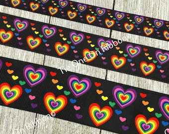 Rainbow Striped Hearts Black Background Printed Grosgrain Ribbon - 5/8" - 1" - 1.5" - Sewing - Crafting - Decorating - Hair Bow -Tag - Wrap