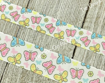 Petite Pastel Butterfly Printed Grosgrain Ribbon-  5/8" - 7/8" - Sew - Craft - Decor - Hair Bow - Party Favor - Gift Wrap - Hair Bow - Tag