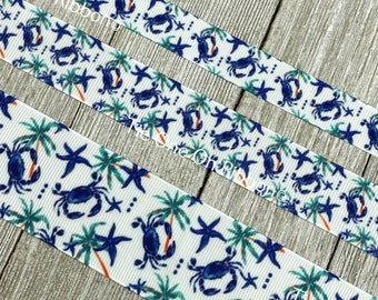 Blue Crab Fish Ocean Sea Palm Tree  Printed Grosgrain Ribbon - 5/8" - 7/8" - 1.5" - Craft - Tags - Bows - Wreath - Bow - Collar - Gift Wrap