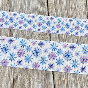 Purple and Blue Snowflakes On White Printed Grosgrain Ribbon - 7/8 - 1.5&quot; - Sew - Craft - Party Decor - Gift Wrap - Holiday Ribbon