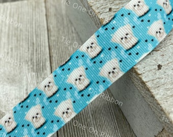 SALE! 5 Yards White Pup Dog Printed Grosgrain Ribbon - 1 Inch Width - Sewing - Craft - Bow - Gift Wrap - Scrapbook - Collar