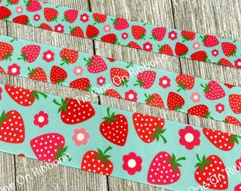 Red Strawberries And Flowers on Blue Background Printed Grosgrain Ribbon -  5/8"- 7/8" - 1" - 1.5" - Sewing - Craft - Bows - Decor - Tag