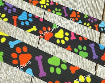 Colorful Dog Bone, Paw Prints Printed Grosgrain Ribbon - 3/8" - 5/8" - 7/8" - Sew - Craft - Decorating - Bow - Collar - Leash - Scrapbook