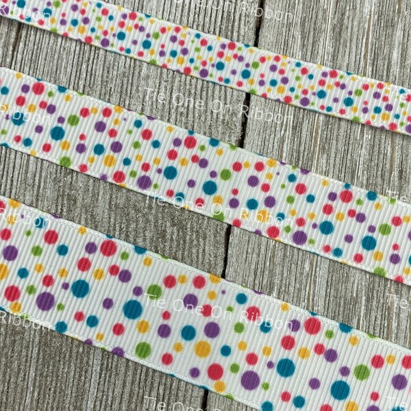 Bright Celebration Confetti Dots On White Printed Grosgrain Ribbon - 3/8" - 5/8" - 7/8"- Sewing - Craft - Decorating - Bow - Party Favor