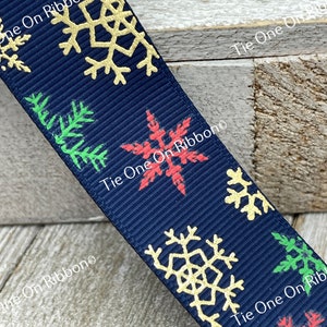 Shining Gold, Red And Green Snowflakes On Deep Blue Grosgrain Ribbon - 1&quot; Wide -  Sewing - Crafting - Bows - Ornaments - Scrapbook