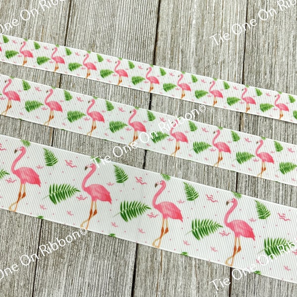 Pink Flamingos & Palm Leaves Grosgrain Ribbon - 5/8" - 7/8" - 1.5" - Sew - Craft - Hair Bow - Luggage Tags - Key Fobs - Bows - Collars