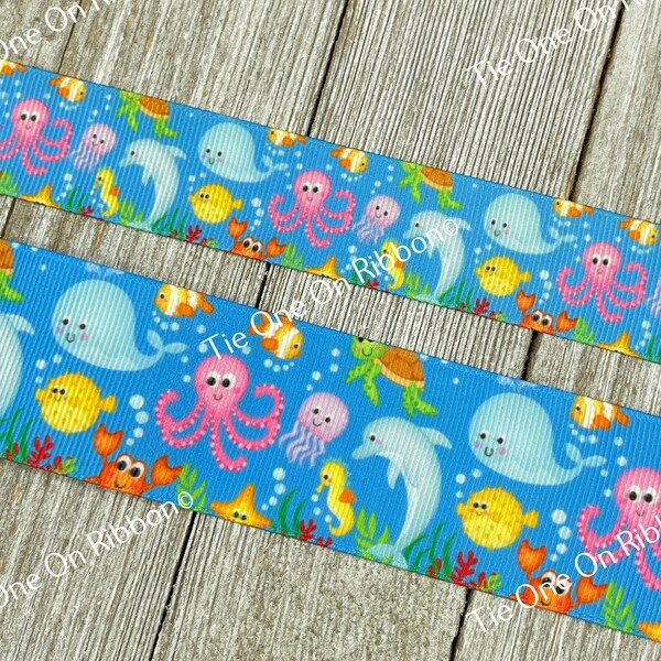 Sea Life Ocean Print Grosgrain Ribbon - 5/8" - 1" - 1.5" - Sewing - Crafting - Decorating - Luggage Tags - Key Fobs - Bows - Collars - Party