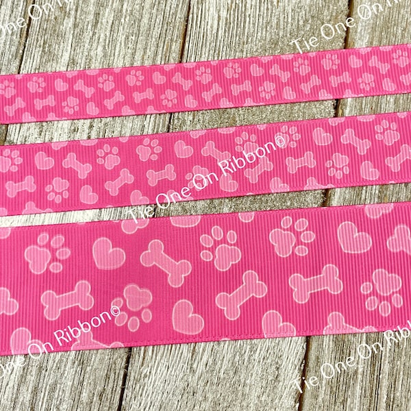 Pink Dog Bones and Paw Prints Printed Grosgrain Ribbon - 5/8" - 7/8" - 1.5" - Sew - Craft - Bow - Collar - Leash - Dog Treats - Wreath - Tag