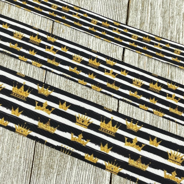 SALE! 5 Yards Is My Crown Straight? Golden Crowns on Black & White Stripes Grosgrain Ribbon - 5/8" - 1" - 1.5" - Sew- Craft - Princess