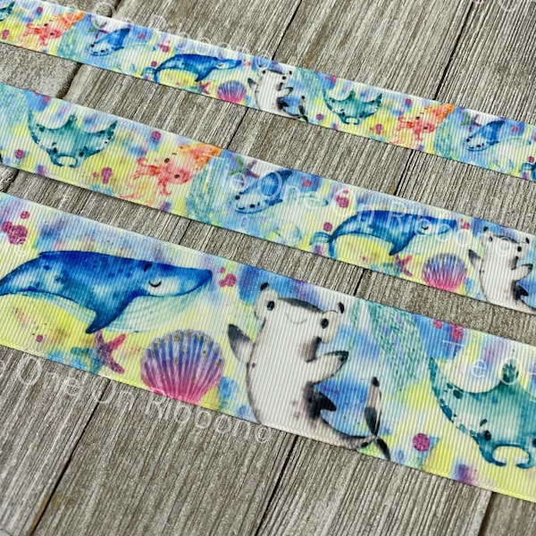 Sea Life Ocean Print Shark Stingray Squid Grosgrain Ribbon -  5/8 - 1 - 1.5 Inch - Sewing - Crafting - Decor - Bow - Lanyard