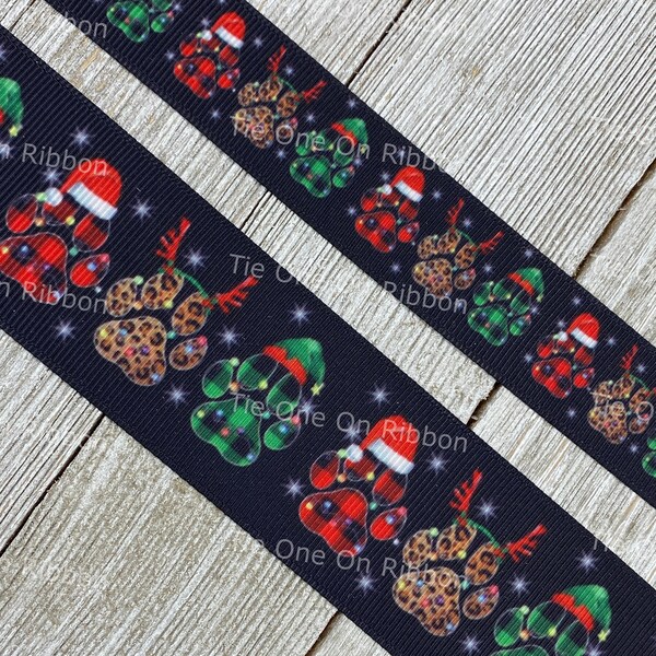 Festive Holiday Dog Paw Prints Lit Up On Black Background Printed Grosgrain Ribbon - 7/8" - 1.5"- Sew - Craft - Decor - Collar - Leash