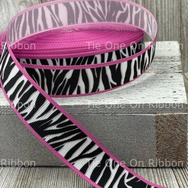 Sale! Zebra Print With Bright Pink Edges Printed Grosgrain Ribbon-7/8 Inch Width - Sew -Craft -Bow - Nursery -Collar - Key Fob - Hair Ribbon