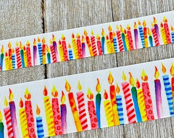 Velas de bolo de feliz aniversário, fita de gorgorão impressa: 7/8", 1,5", faixa de aniversário, laço de cabelo, álbum de recortes, papel de presente, etiqueta de bagagem