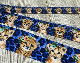 ¡VENTA! Cinta de grosgrain con estampado de leopardo y tigre azul de 5 yardas - 5/8 - 7/8 - 1 - 1,5 pulgadas. - Costura - Elaboración - Decoración - Ducha - Lazo