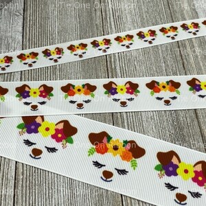 VENTA Cinta de grosgrain con corona de flores y cara de perro cachorro de 5 yardas 5/8 1 1.5 Coser Artesanía Lazo Collar Cinta impresa Estampado animal imagen 1