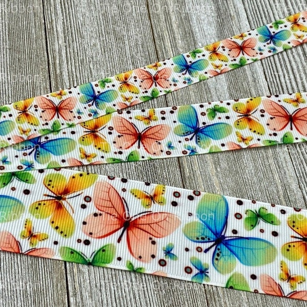 Bright Butterfly Print Grosgrain Ribbon - 3/8" - 5/8"- 7/8 - 1" - 1.5" - Sew - Craft - Decor - Scrapbook - Tags -  Bow - Collar - Nursery