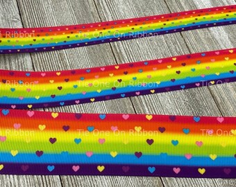 Rainbows and Hearts Printed Grosgrain Ribbon - 5/8 - 1 - 1.5 Inch - Sewing - Crafting - Decor - Rainbow - Pride