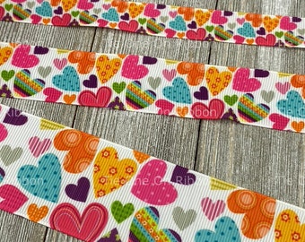 Dotted Colored Hearts Printed Grosgrain Ribbon - 5/8 - 7/8 - 1 - 1.5 Inch - Sewing - Crafting - Decorating - Scrapbook - Collar - Key Fob