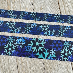Bright Blue & Aqua Winter Snowflakes Printed Grosgrain Christmas Ribbon: 5/8&quot;, 7/8&quot;, 1.5&quot;, Craft Ribbon, Party Decor, Gift Wrap