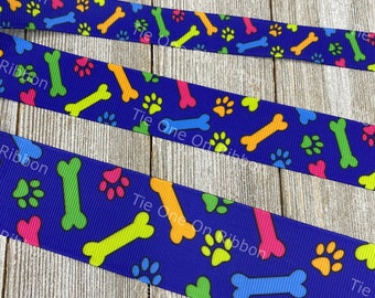 Os de chien brillants et empreintes de pattes sur ruban grosgrain imprimé bleu - 5/8" - 7/8" - 1.5" - Couture - Artisanat - Décoration - Arc - Collier -