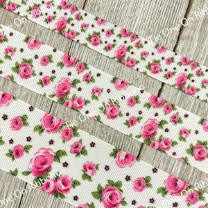 Sale! 5 Yards Pink Roses on White Printed Grosgrain Ribbon- 5/8&quot; -1&quot;- 1.5&quot; - Sew - Craft - Bow - Baby Shower - Nursery -  Wrap - Collar -Tag