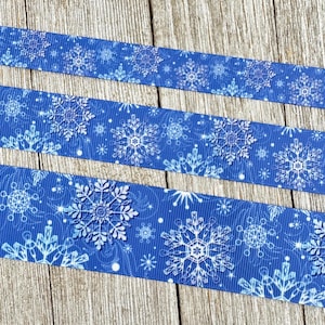 Winter Snowflakes on Blue Printed Grosgrain Holiday Ribbon: 5/8&quot;, 1&quot;, 1.5&quot; - Sewing Notions,  Hair Bow - Gift Wrap - Luggage Tag