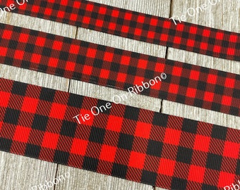 Red and Black Buffalo Check Plaid Printed Grosgrain Ribbon -  5/8&quot; - 7/8 &quot; - 1&quot; - 1.5&quot; - Sewing - Crafting - Party Decor - Wreath - Wrap