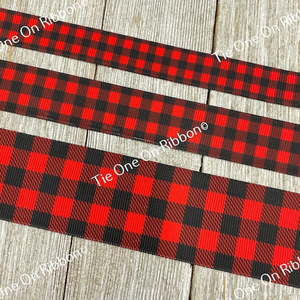 Red and Black Buffalo Check Plaid Printed Grosgrain Ribbon -  5/8" - 7/8 " - 1" - 1.5" - Sewing - Crafting - Party Decor - Wreath - Wrap