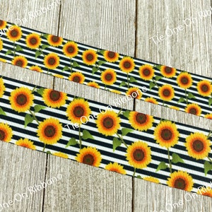 Golden Sunflowers on Bold Black and White Stripes Grosgrain Ribbon - 1 - 1.5 Inch - Sewing - Crafting - Decor - Bow - Wedding - Wrap - Tag