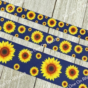 Bright Sunflowers on Navy Print Grosgrain Ribbon - 5/8&quot; - 1&quot; -  1.5&quot; - Sew - Craft - Decor - Bow - Wreaths - Collars - Hat Band - Tag