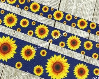 Girasoles brillantes sobre cinta de grosgrain estampada azul marino - 5/8" - 1" - 1.5" - Costura - Manualidades - Decoración - Lazos - Coronas - Cuellos - Cintas para sombreros - Etiquetas